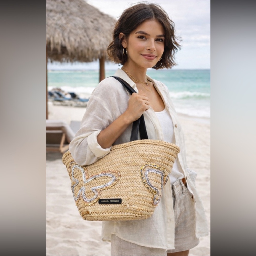 NWT Sophia Webster Taya Raffia Tote Mixed Metallic Butterfly & Black Leather - Picture 2 of 16